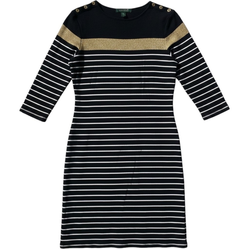 Lauren Ralph Lauren Petite black Striped Gold Metallic Button Shift Dress PM